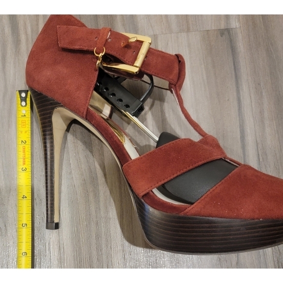 Michael Kors Burgundy Suede T Strap Platform Sandals - Picture 9 of 13